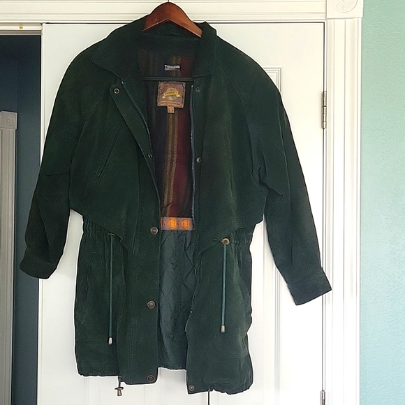 Green leather Adventure Bound grn lthr coat w/detachable hood, exclnt condition - Picture 3 of 16